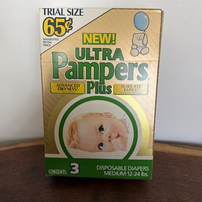ULTRA Pampers Plus Diapers 1987 Trial Size Plastic Size Medium BOX OF 3 - Sealed