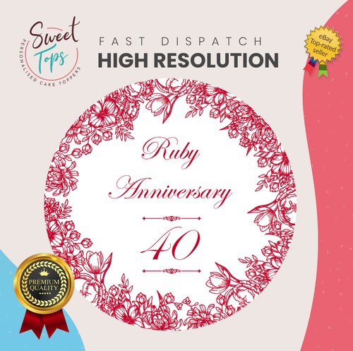 Ruby Wedding Anniversary Personalised Round Edible Cake Topper Cake Decoration - Picture 1 of 6