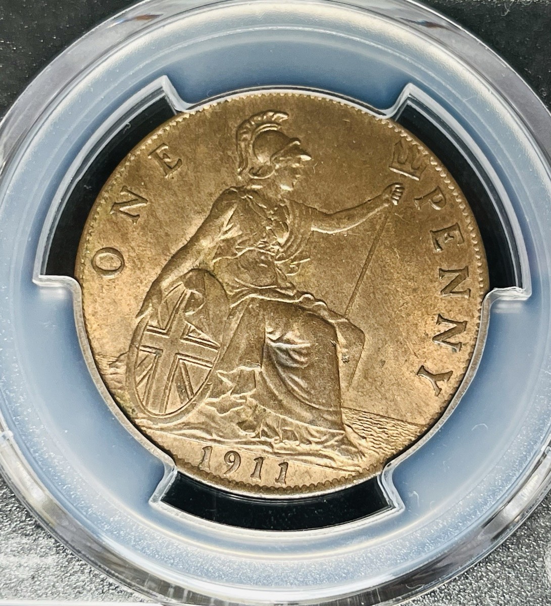 Great Britain 1911 Penny 1D PCGS MS64RB~60% Red, Satiny Luster S