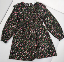 Mango Kids Flower Print Long Sleeve Ruffled Black Dress Size 6 Years