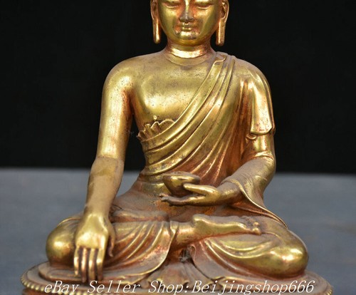 8.4" Old Chinese Purple Bronze 24K Gold Gilt Shakyamuni Amitabha Buddha Statue - Picture 3 of 12