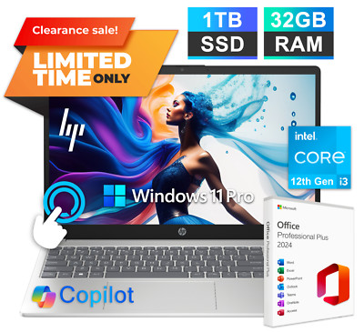 2025 HP Laptop Computer 15.6'' Touch 12th Gen Intel i3, 32GB RAM 1TB SSD, WinPro
