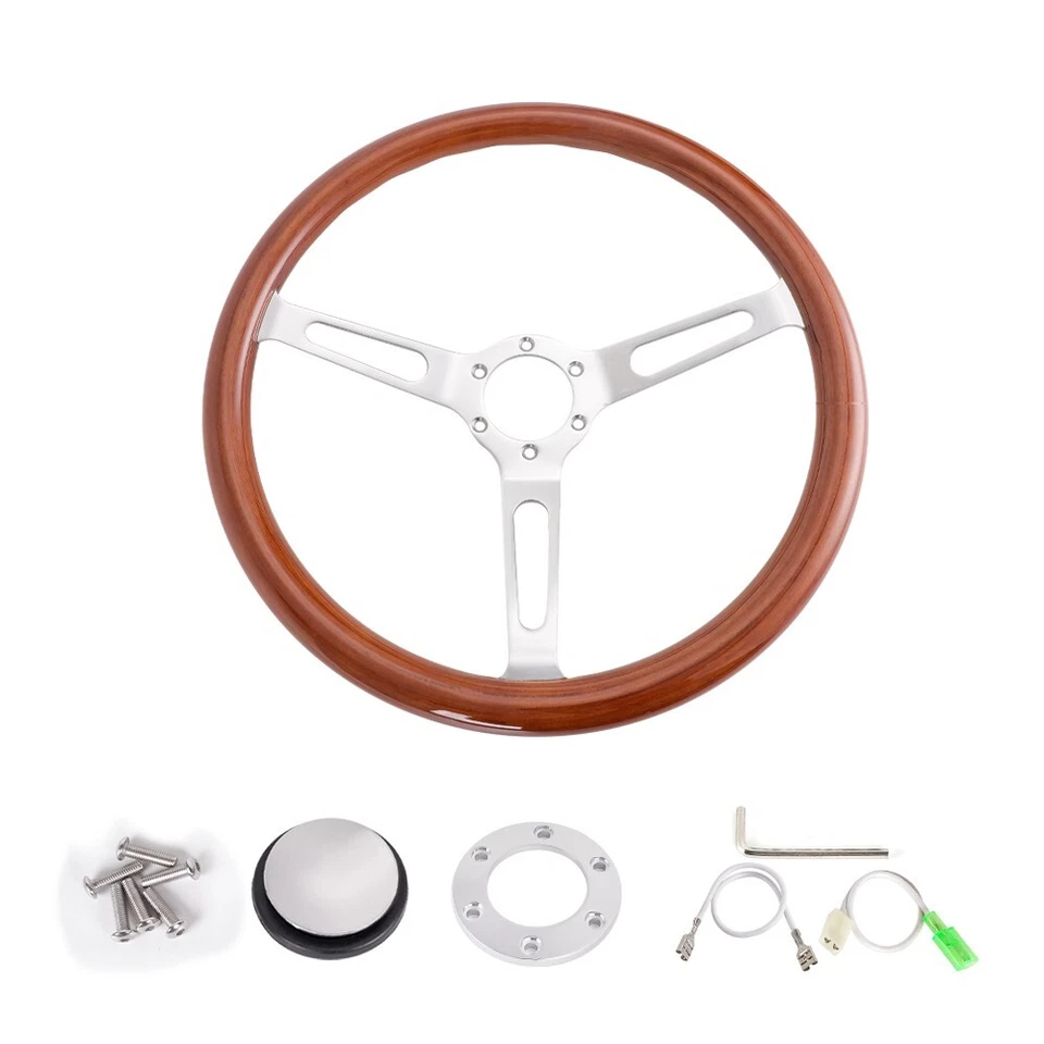 380mm/15" Classic Wood Silver Brushed Spoke Steering Wheel with Horn Button Foto 3 de 4