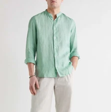 Altea Grandad Collar Linen Shirt - Medium - Turquoise