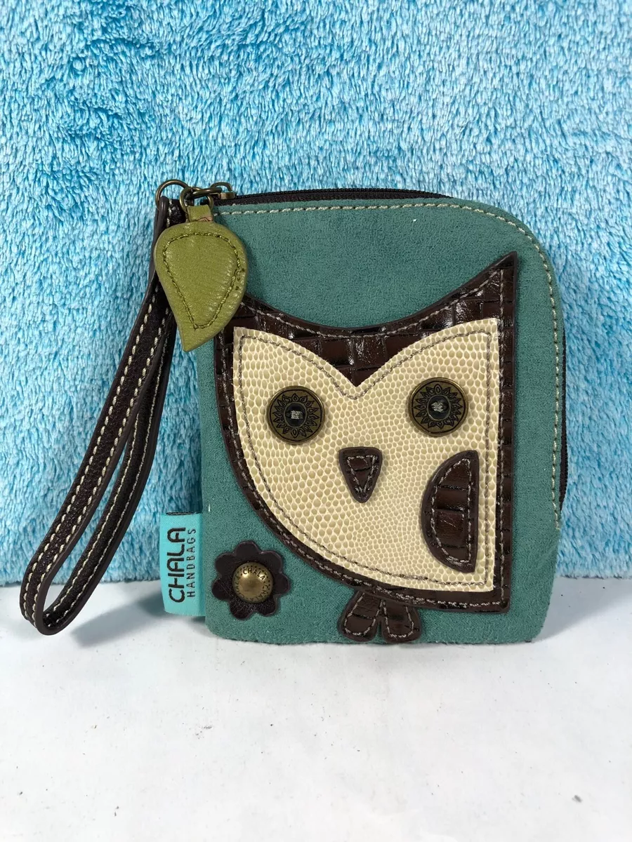CHALA Handbags Teal Suede Sewn Owl Bird Credit Card Holder Wallet Wristlet EUC