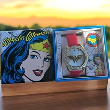 Wonder Woman Accutime Red & Gold Rhinestone Watch Nib Needs Battery