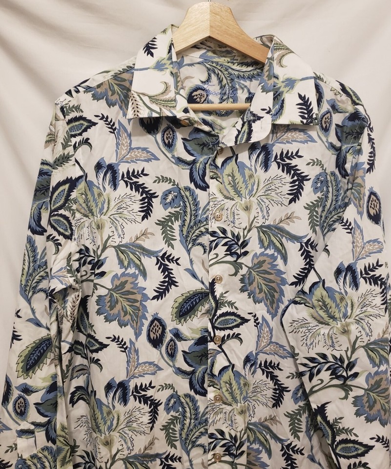 Tasso Elba Button Down Shirt Men Large White Sage Floral Leaf Print