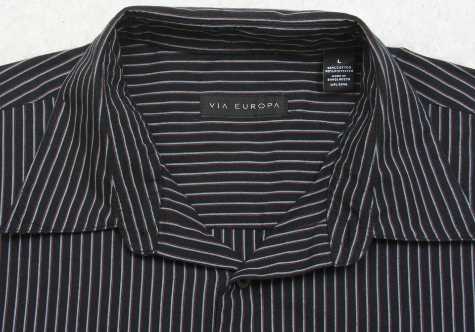 Via Europa Black Gray & Red Dress Shirt Button Up Man's Top Large Striped 1-581 - Image 3 of 4