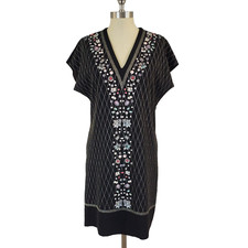 Zara Vneck Cap sleeve Tunic Dress Sz M Black Gold Faux Gem Boho Party