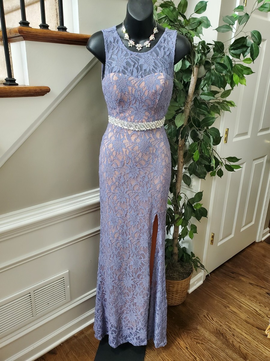 city studio maxi dress City Studio Lace Back Blue Floral Nylon Round Neck Sleeveless Long Maxi  Dress 1