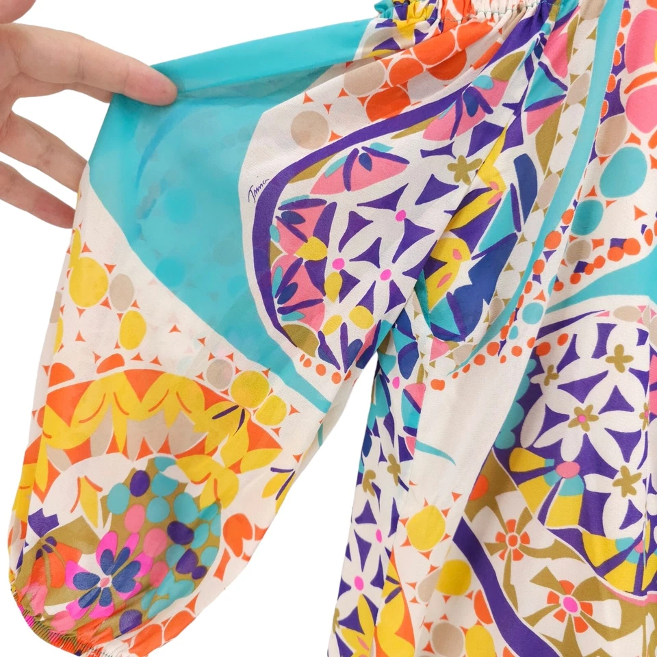 TRINA TURK Jillian Top Hombro Descubierto Seda Spandex Elastizado Borlas Talla PEQUEÑA Foto 3 de 4