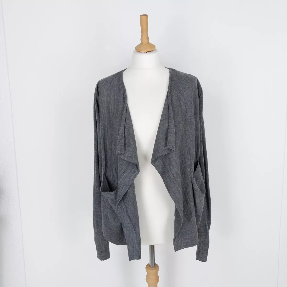 COS Size Medium Grey Fine Knit 100 Merino Wool Waterfall Cardigan