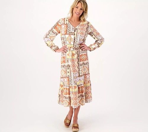Denim & Co. Canyon Retreat Regular Printed Dress Apricot XXS New