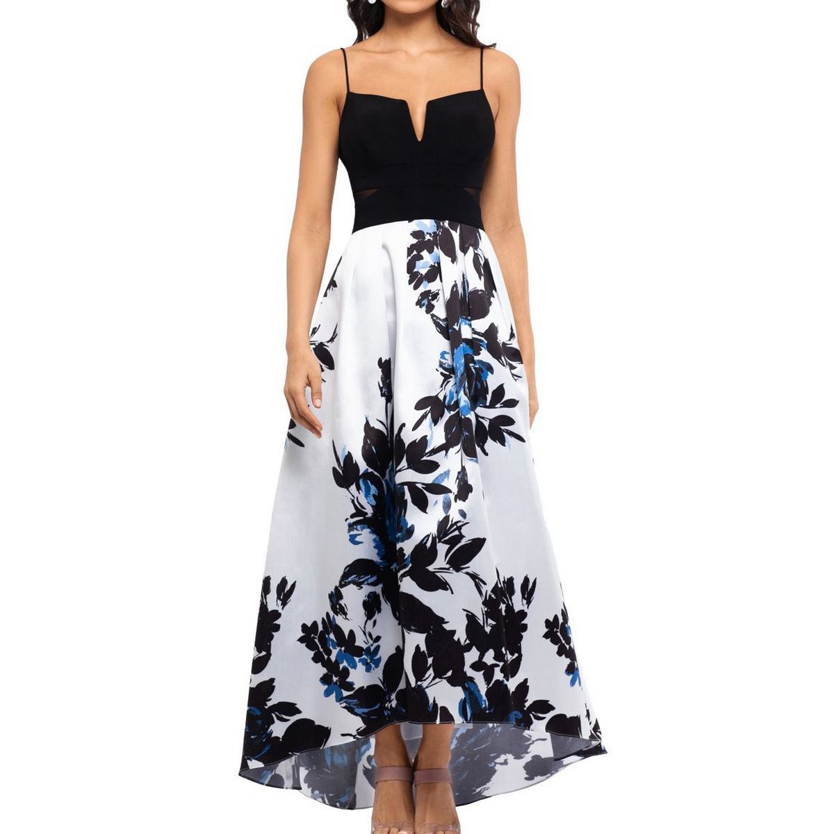 XSCAPE NEW Women's Black/ivory/multi Solid Floral Combo Hi-low