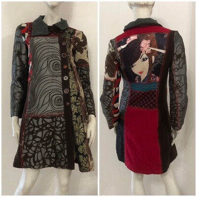 DESIGUAL Cappotto beige grigio rosso fantasia multicolore Tg 38