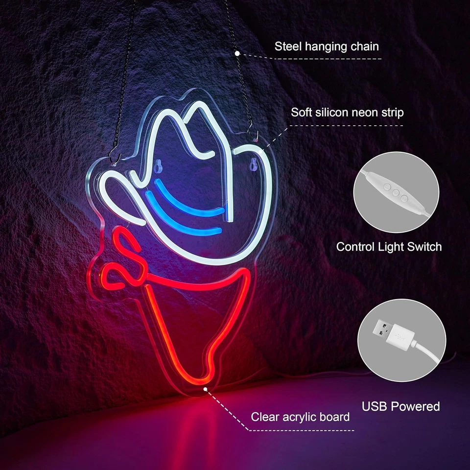 Sombrero de Vaquero Letrero de Neón Bar de Cerveza Hogar Arte Hombre Luz de Cueva con Blanco + Rojo  Foto 4 de 4