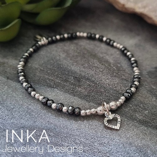 Inka 925 Sterling Silver & Hematite bead Stacking Bracelet with Cut Heart Charm - Picture 3 of 9