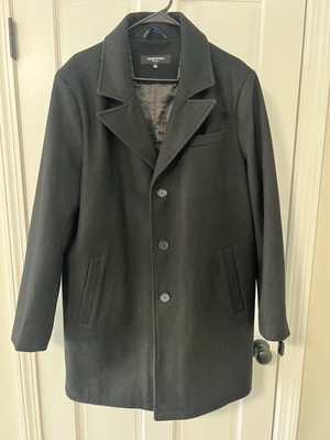 Men's Lg Kenneth Cole New York Lined Pea Coat Black Heavy Buttonup Wool Blend