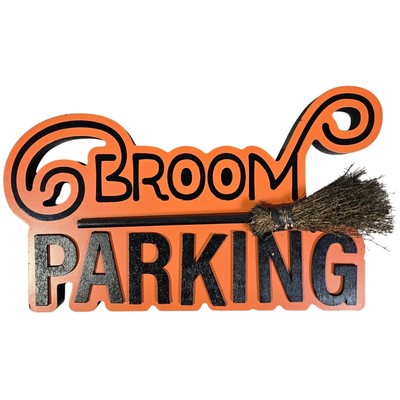 Halloween Broom Parking Sign Orange Black Wood Witch Decor