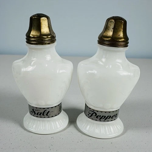 Vintage White Milk Glass FRANK TEA & SPICE Co. Salt & Pepper Shakers