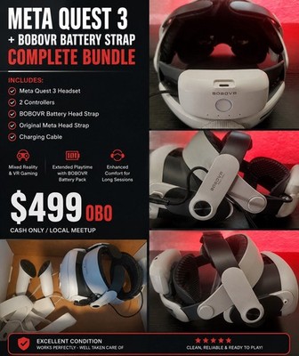 Meta Quest 3 VR Headset Bundle BOBOVR Battery Strap, 2 Controllers 512GB