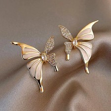 Gold Tone Butterfly Stud Earrings Women White Enamel Crystal Wings Jewelry.