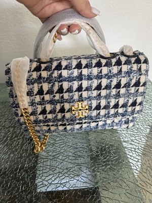 Tory Burch Blue/White Houndstooth Top Handle Bag Small Detachable Strap