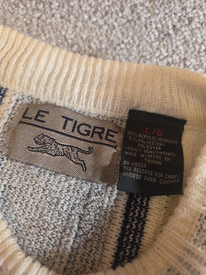 Mens Vintage Le Tigre Sweater Large Crew Neck 90s Ivory Black Green Striped - Image 3 of 4