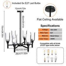 LUVODI 6/8-Light Farmhouse Ceiling Pendant Light Matt Black Chandelier Lamp for 