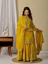 Attractive Heavy Chinnon Yellow Palazzo Suit And Dupatta For Women Wedding