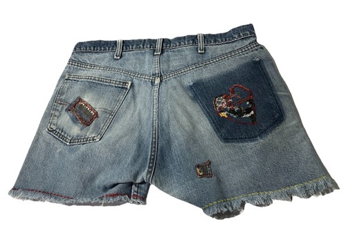 Upcycled OOAK Denim Shorts Distressed Fringed Embroidered Reworked XL 34” Waist - Picture 7 of 12