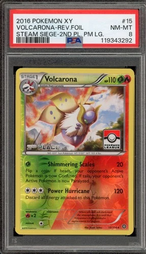 Pokemon Volcarona 2nd Place Pokemon League XY Steam Siege Reverse Holo #15 PSA 8