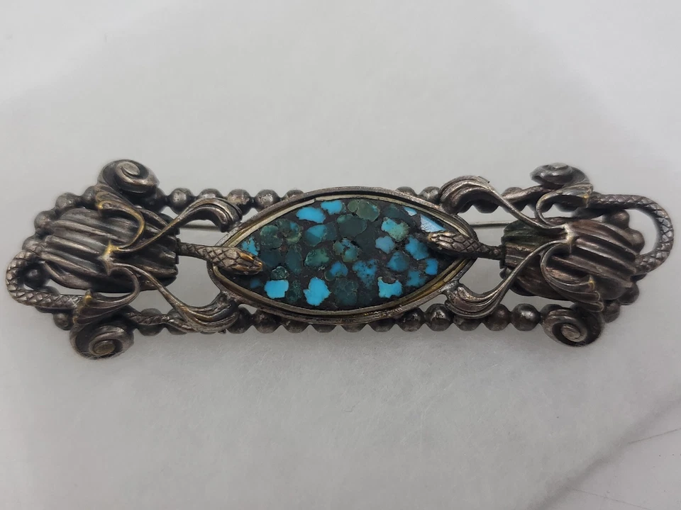 Broche prendedor de colección firmado CORO plateado serpientes azul verde turquesa 3 1/4" raro Foto 2 de 4