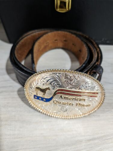 American Quarter Horse belt buckle AQHA circa 1990s (comes w/belt) silver plated - Imagen 1 de 1