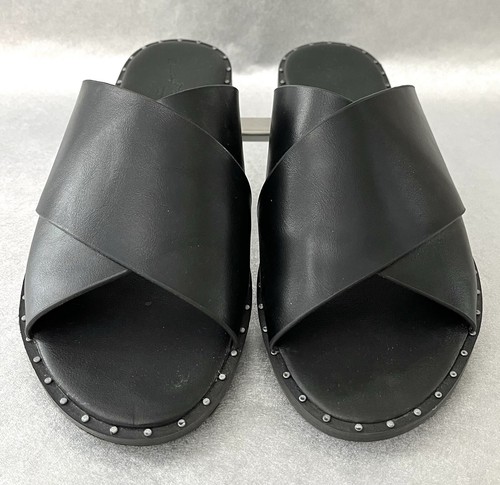 Damen Universal Thread Flats schwarz Criss Cross Slides Mini Nieten Sandalen 7