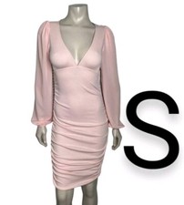 🆕Light Pink Ribbed Long Sheer Sleeves Ruched Midi Dress~Size S