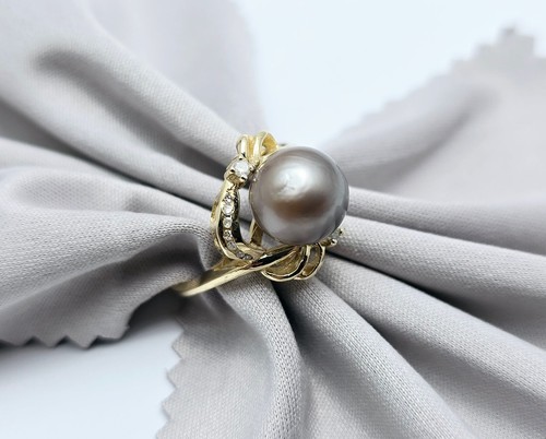 Beautiful 14K Karat Solid Yellow Gold Designer Tahitian Pearl & Diamond Ring - Picture 2 of 17
