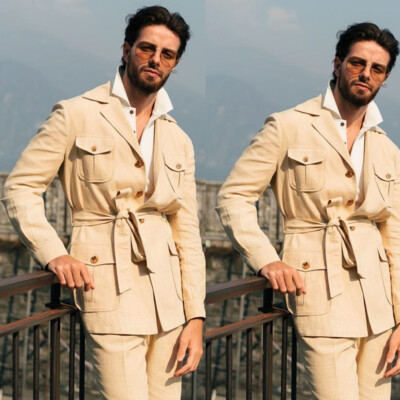 Linen Men's Safari Jackets 2Pcs Beige Coats Belt British Style