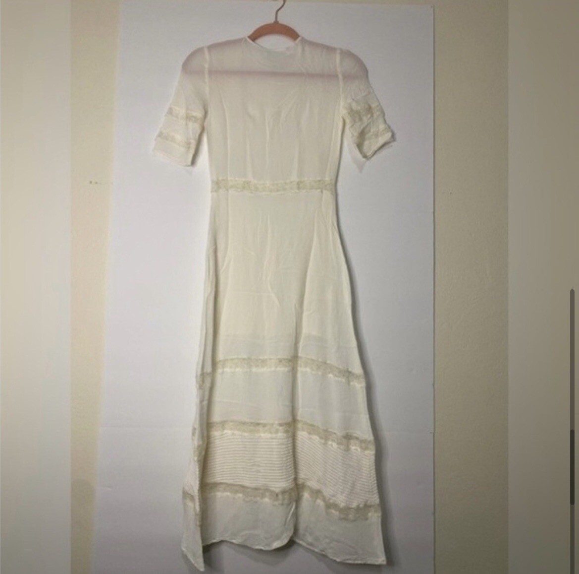 REFORMATION Ivory Sheer Lace Inset Pintuck SURREY Crepe Midi Shirt