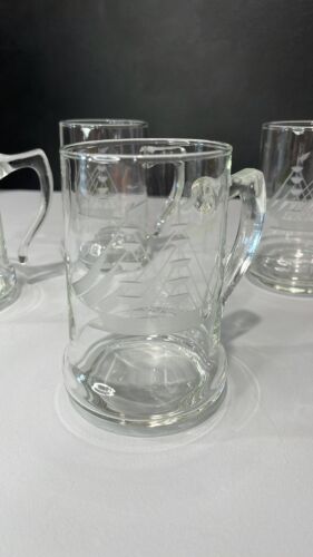 Vintage Etched Nautical Sailing Ship Glass Beer Mugs Steins set of 4 - Picture 3 of 18