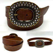 Vintage 00s Chico's Brown Full Grain Leather Rhinestone Boho Buckle Belt S 32"