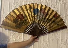 Beautiful Huge Vintage Wall Fan Hand Painted Flowers Gold Background