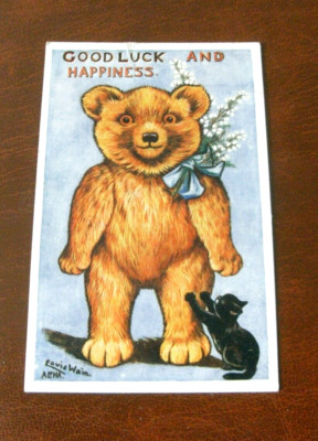 ORIGINAL SELTENE LOUIS WAIN SIGNIERTE ALPHA POSTKARTE - TEDDYBÄR & KATZE.