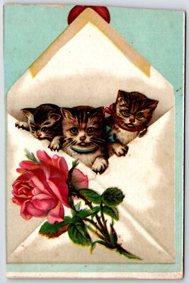 Three cute kittens crawling out of envelope rose arcade card postcard TRIMMED