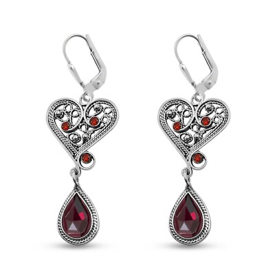 Red Garnet Sterling Silver Filigree Heart and Teardrop Dangling Earrings