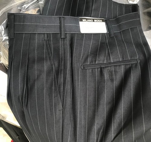 Men's 4 Button Single Breasted Suit,Wool Feel navy/stripe, gray/stripe by Milano - Picture 2 of 5