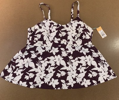 Kona Sol Womens 18W Burgundy White Floral Scoop Neck Swimwear Tankini Top NWT