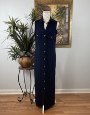 Nina Leonard Navy Maxi Shirt Dress Sleeveless Button Front Stretch Women's XL