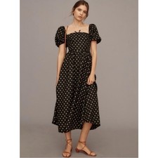 Reformation Marella 100% Linen Midi Dress Polka Dots Puff-sleeve size 2