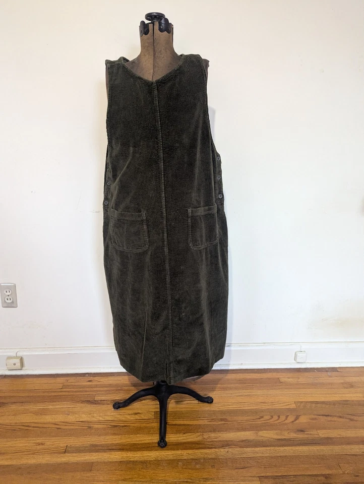 Women Y2K 90's Corduroy Jumper Dress Size L Olive Pockets Cottagecore Minimal - Image 2 of 4